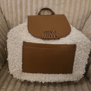 🤎🤍🤎Steve Madden Tan Faux-Shearling Backpack with Brown Trim🤎🤍🤎